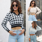 Women's Cropped Sweater with Classic Houndstooth Pattern and Polo Collar