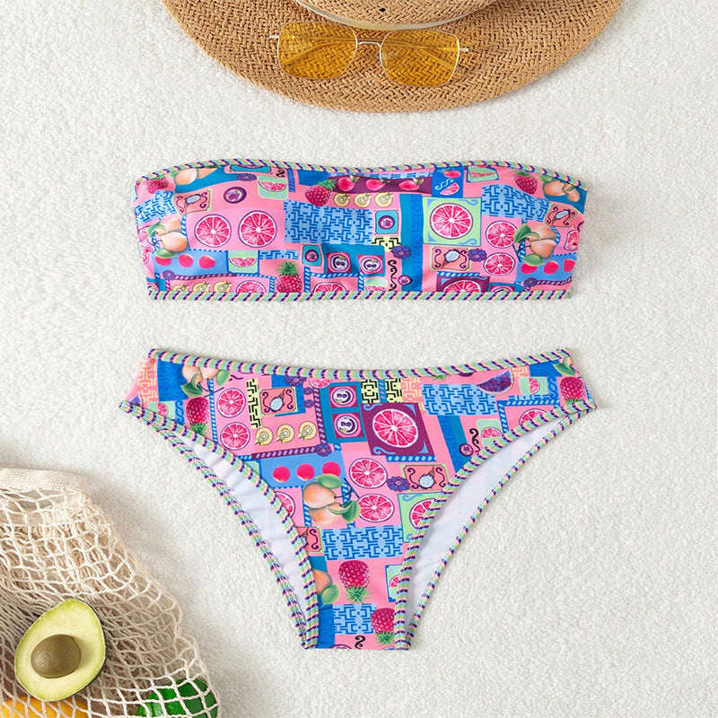 Women's Bandeau Bikini with Fruity Pattern and Decorative Contrast Stitching