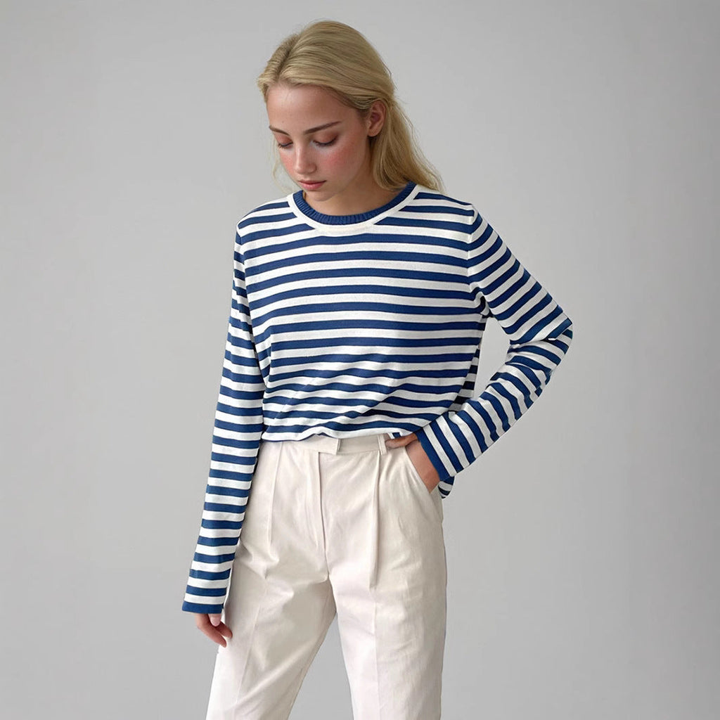 Women's Striped Long-Sleeve Sweater with Crew Neck and Casual Fit