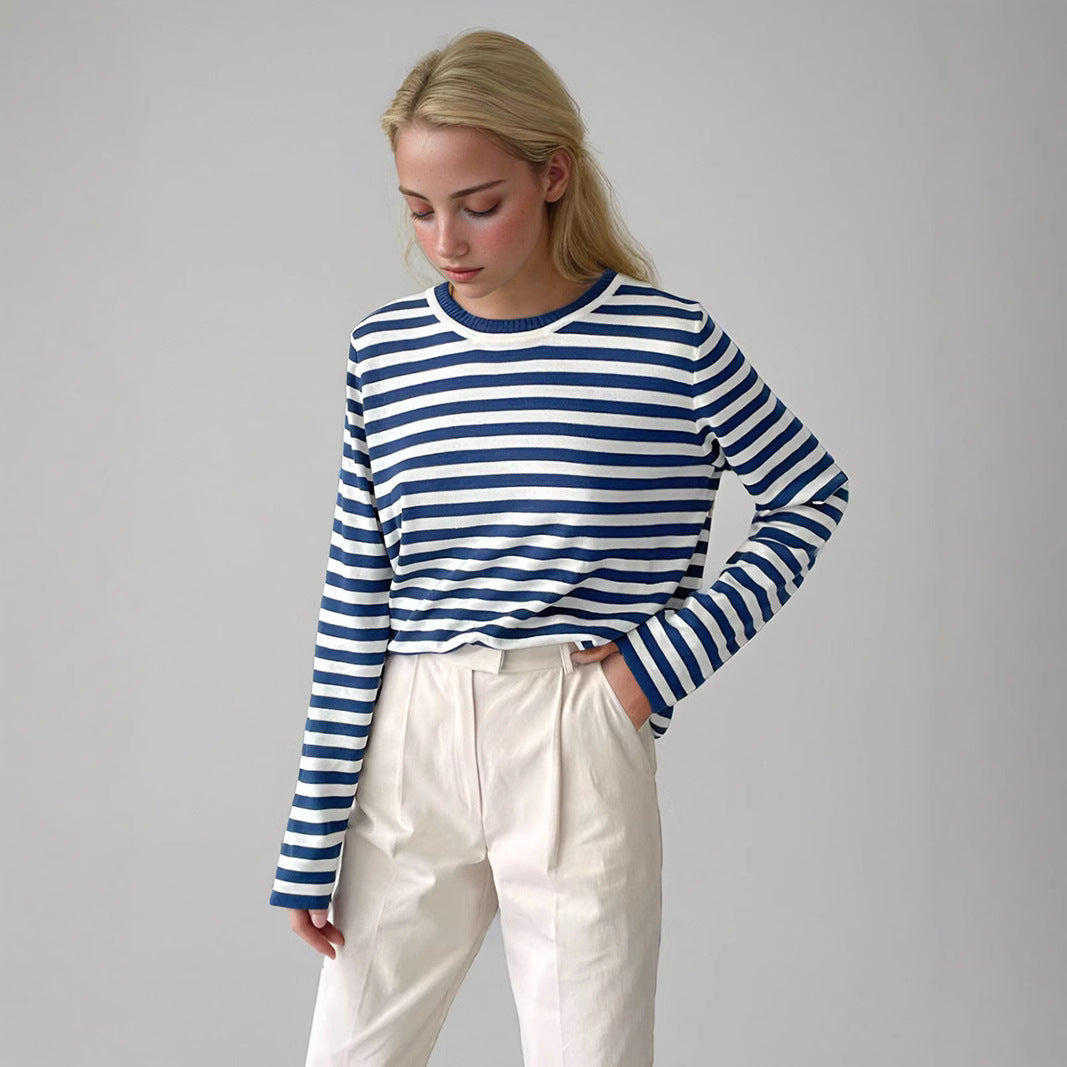 Women's Striped Long-Sleeve Sweater with Crew Neck and Casual Fit
