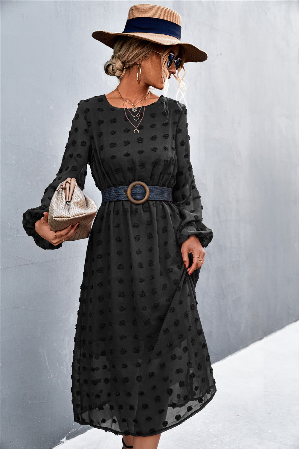 Chiffon Dress with Textured Pattern and Belt
