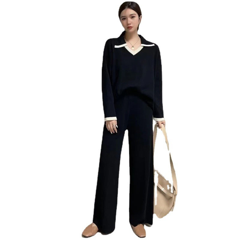 Women's Elegant and Casual Knit Set with V-Neck and Wide Hem
