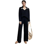 Women's Elegant and Casual Knit Set with V-Neck and Wide Hem