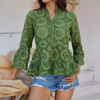 Women's Blouse with Eyelet Pattern and Flared Sleeves