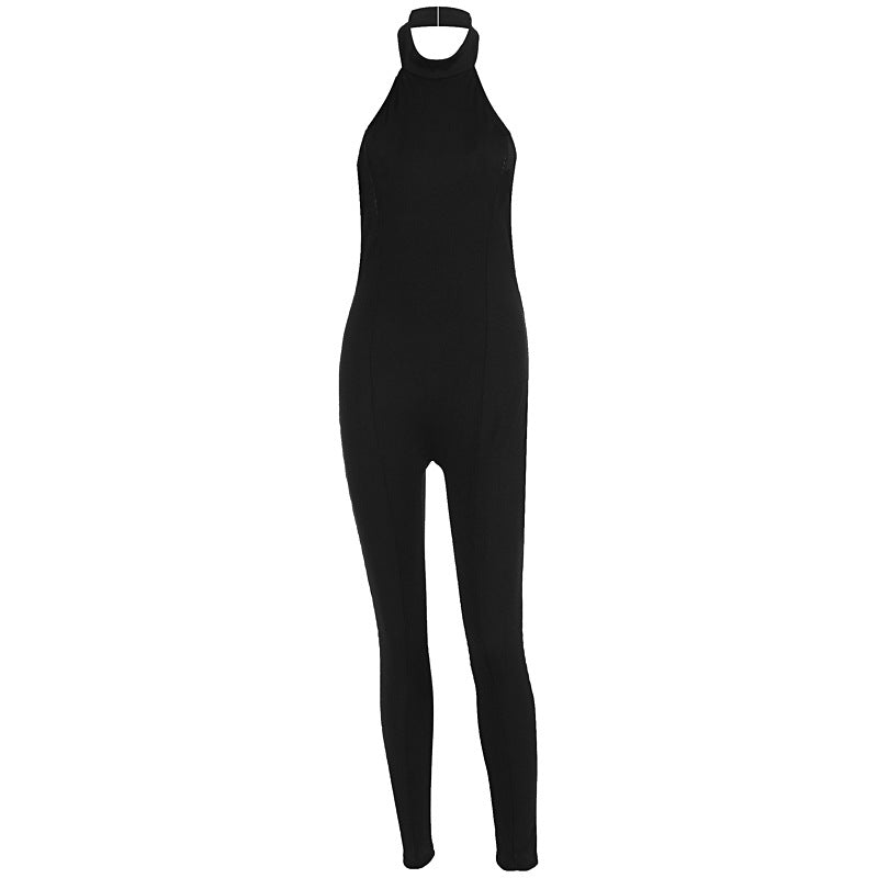 Women's Form-Fitting High-Neck Ribbed Jumpsuit