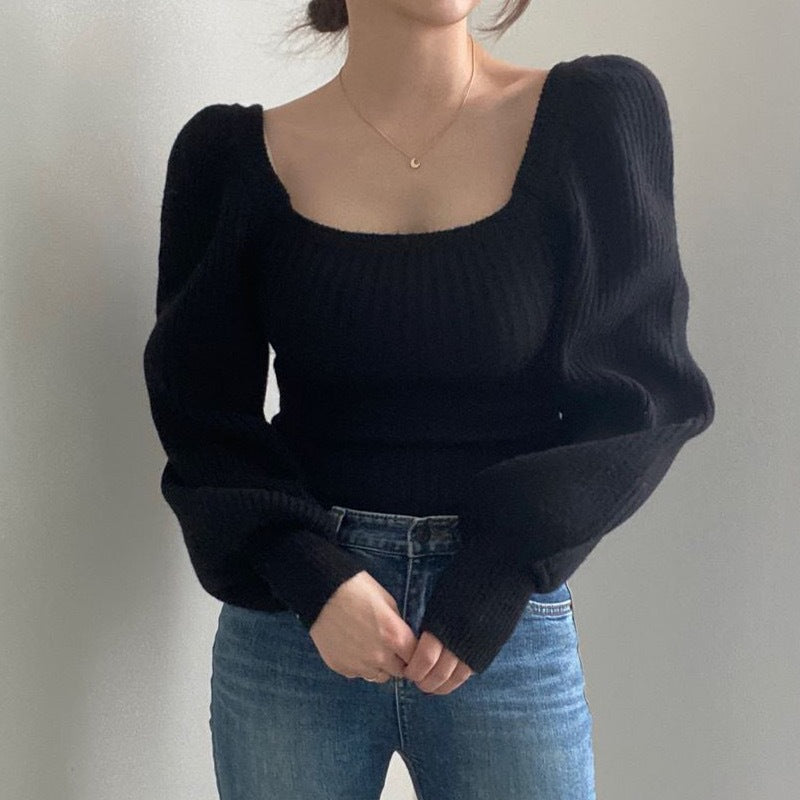 Women's Fine Knit Sweater with Square Neck and Wide Sleeves