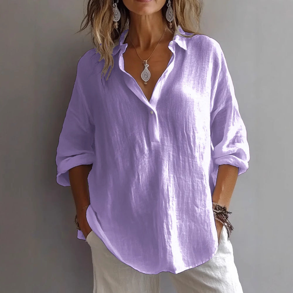 Women's Casual Linen Shirt with Button Placket and Wide Sleeves