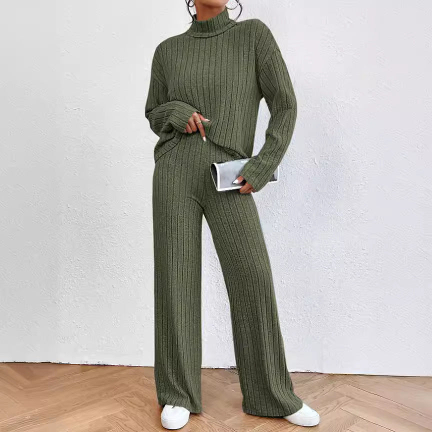 Women's Chunky Knit Two-Piece Set with High Collar and Wide Cut