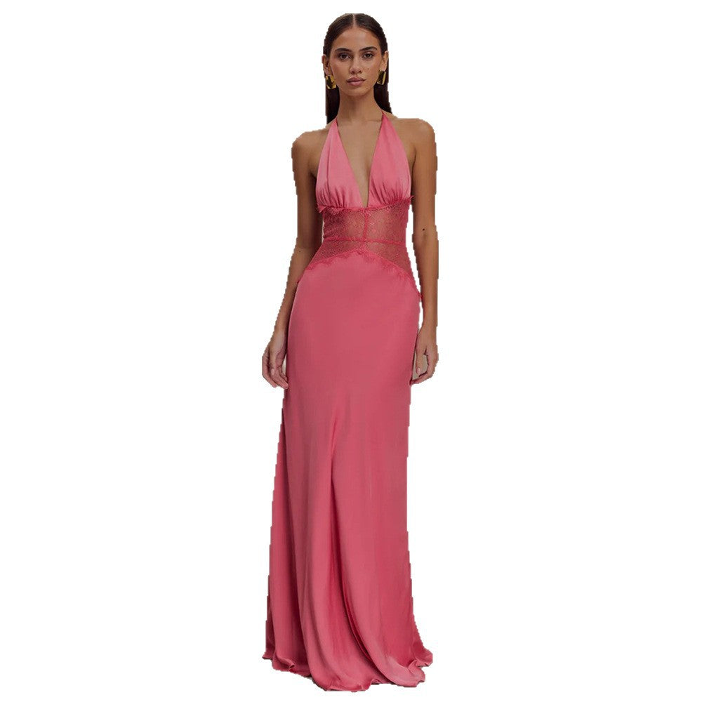 Women's Evening Dress with Lace and Elegant Deep Neckline