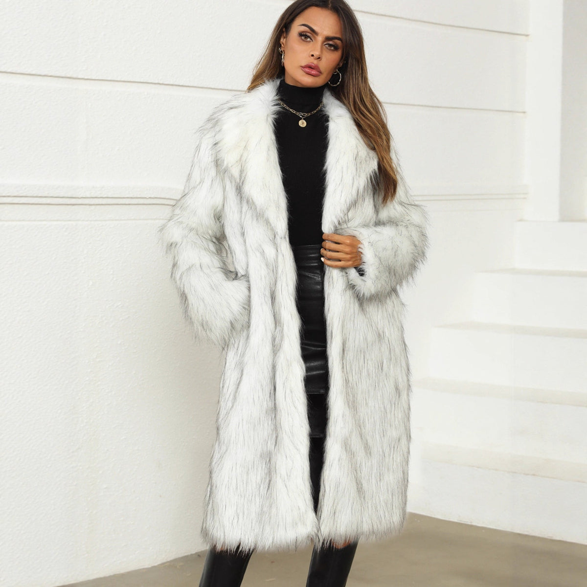 Women's Elegant Faux Fur Coat with Soft Fur Trim and Open Collar