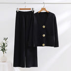 Women's Elegant Knit Loungewear Set with Wide Legs and Decorative Buttons
