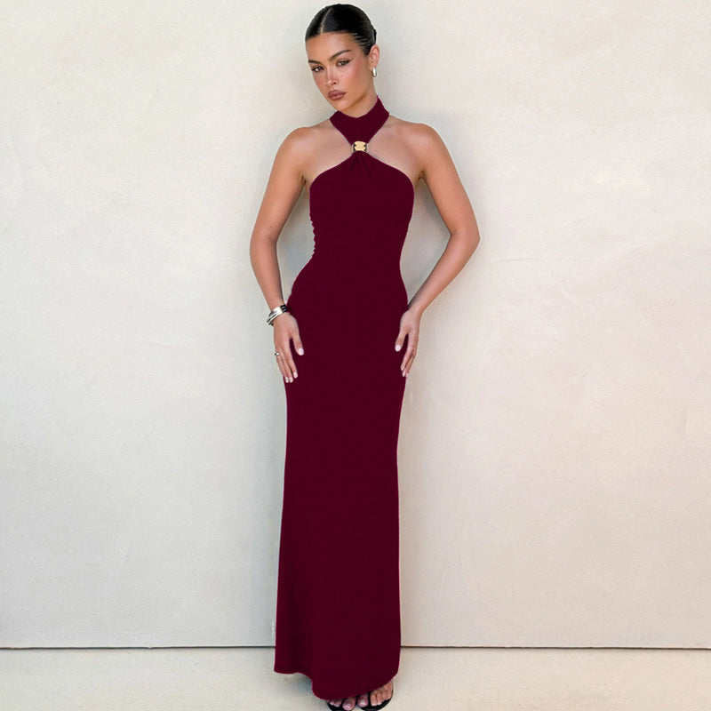 Women's Floor-Length Evening Dress with Elegant Halterneck