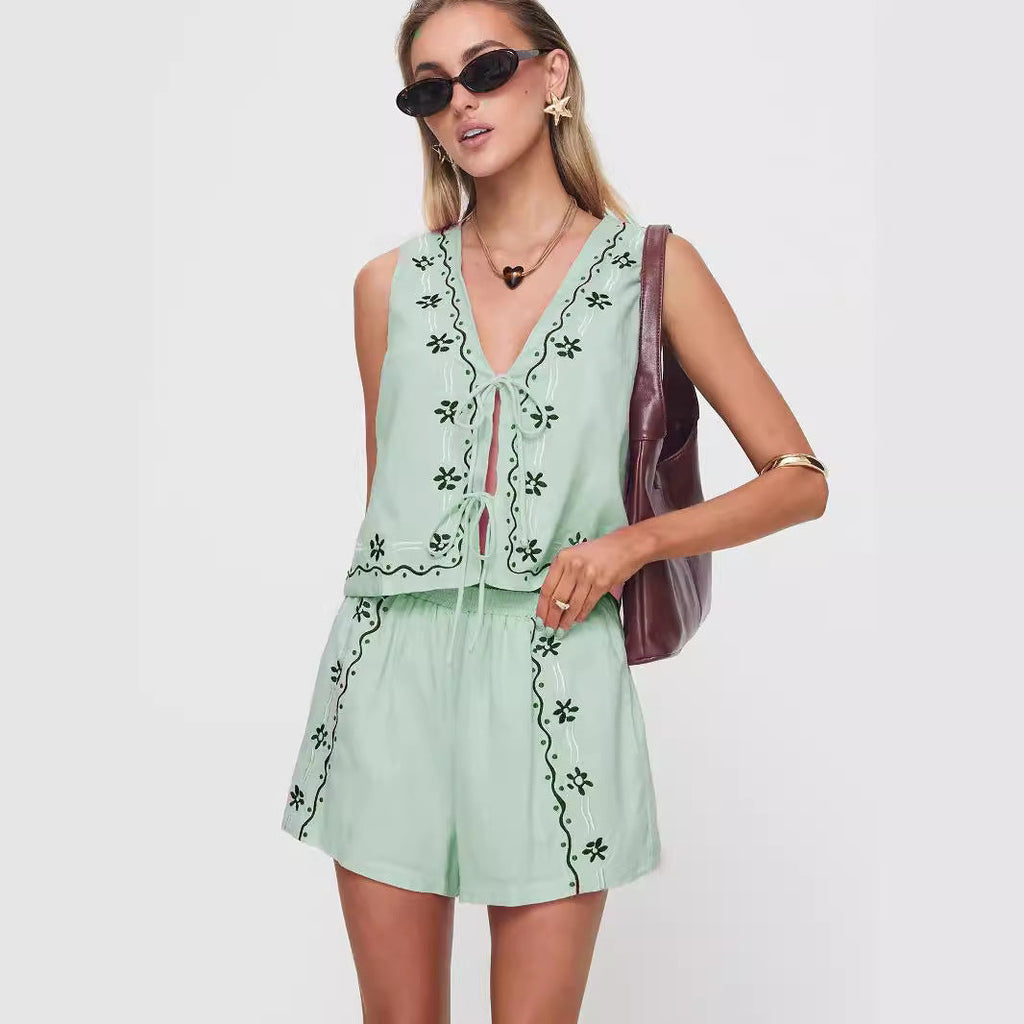 Women's Airy Two-Piece Set with Floral Embroidery