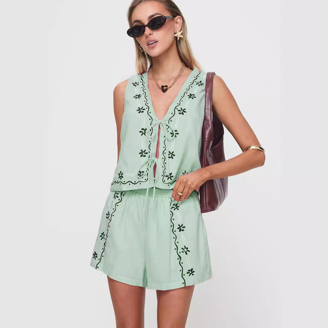 Women's Airy Two-Piece Set with Floral Embroidery
