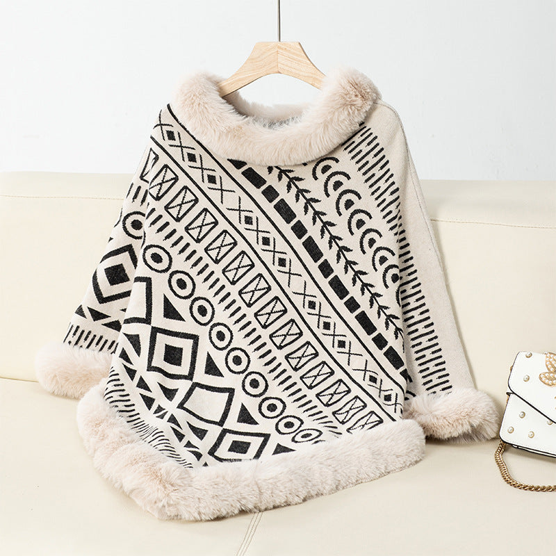 Women's Fashionable Poncho with Decorative Faux Fur Collar