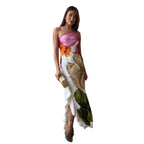 Women's Asymmetrical Maxi Dress with Floral Patterns and Ruffle Details