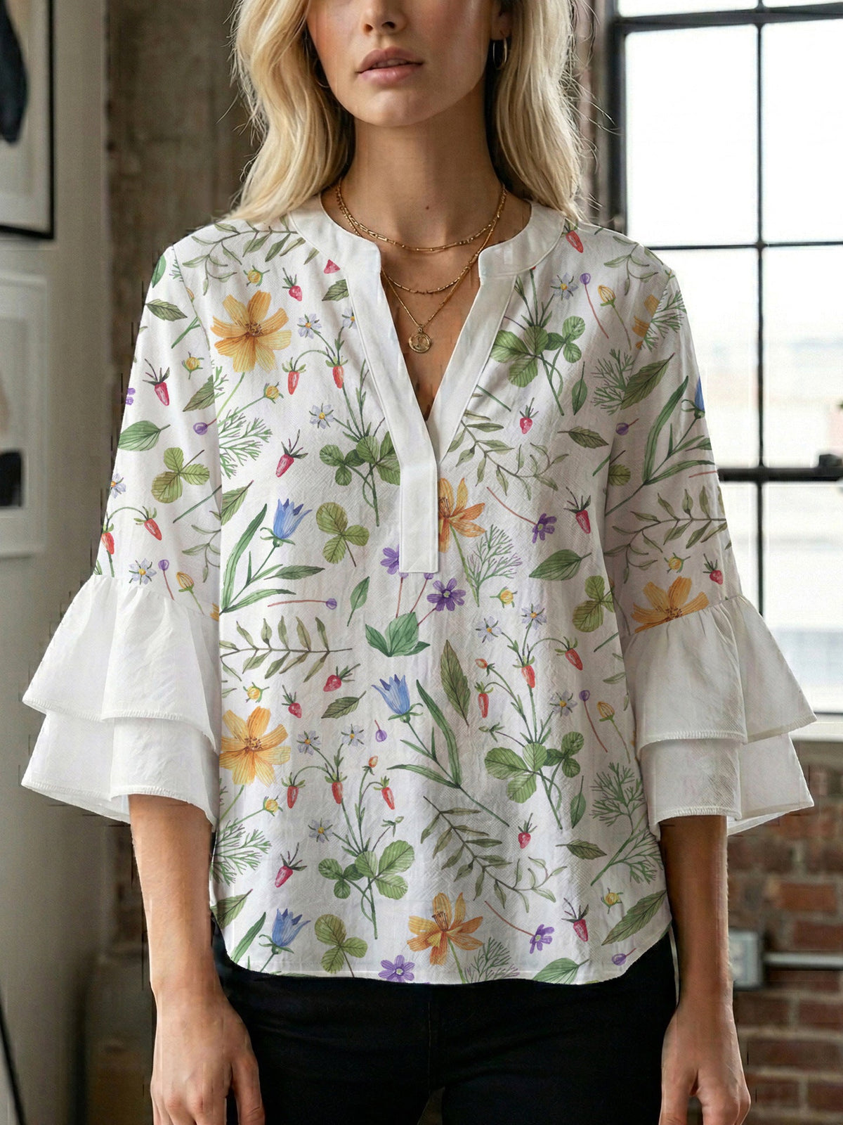 Women's Floral Blouse with Voluminous Sleeves