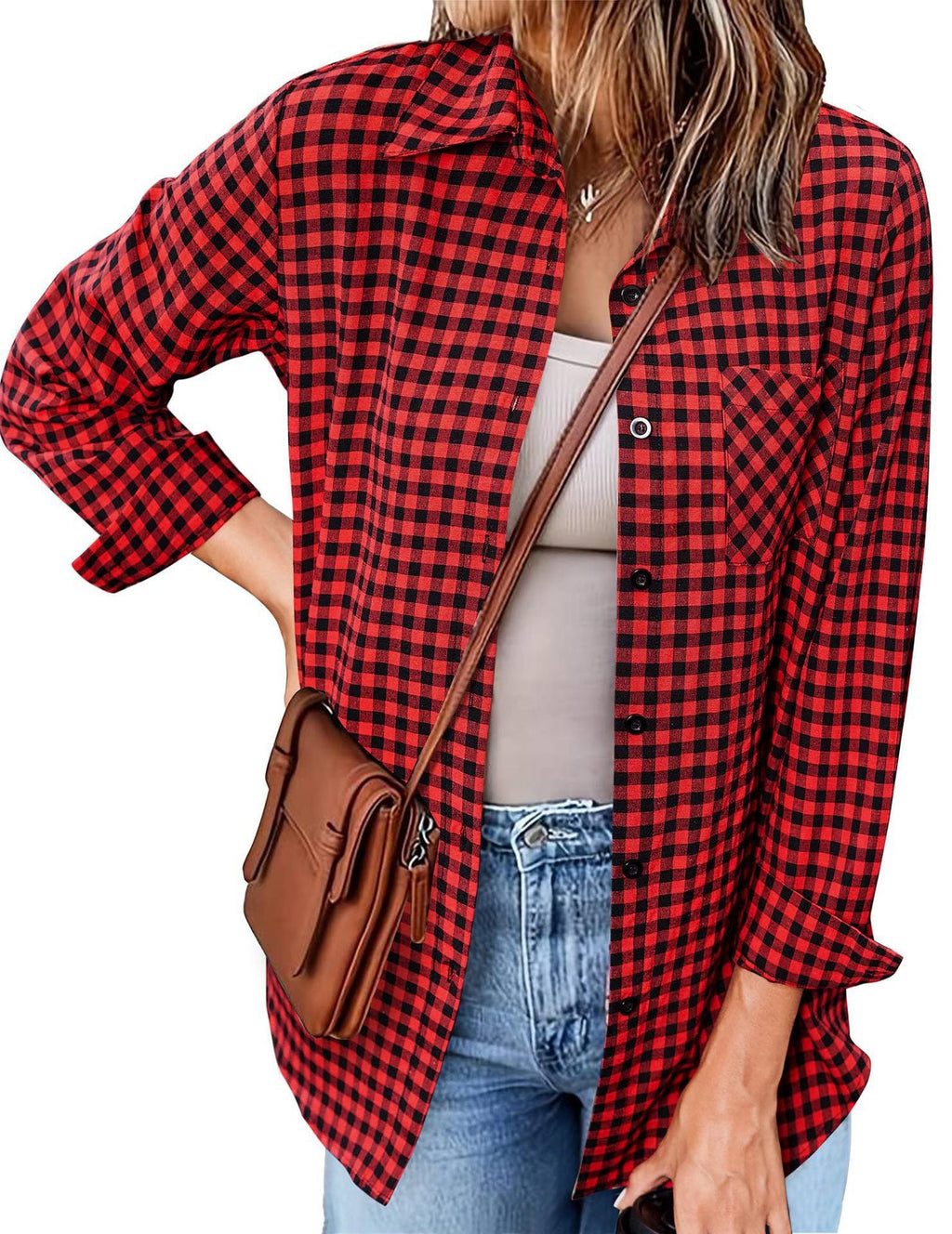 Women's Plaid Shirt with Casual Cut and Chest Pocket