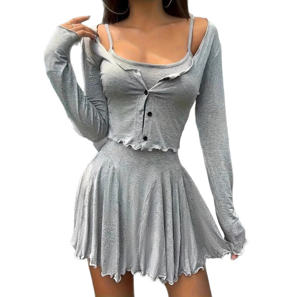 Women's Casual Long-Sleeve Blouse and Flowy Skirt Set