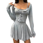 Women's Casual Long-Sleeve Blouse and Flowy Skirt Set
