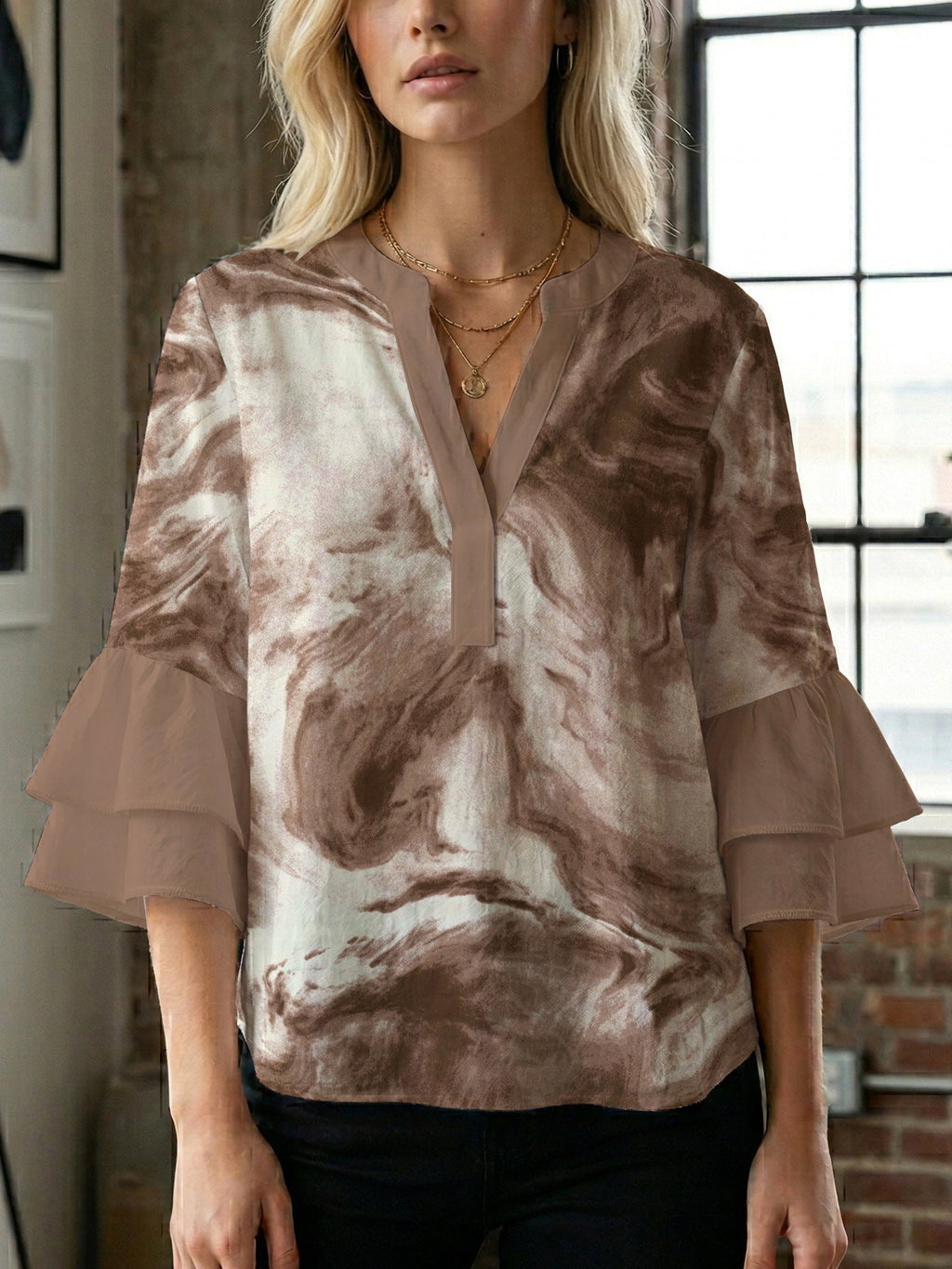 Casual Blouse with Ruffle Sleeves and Botanical Print