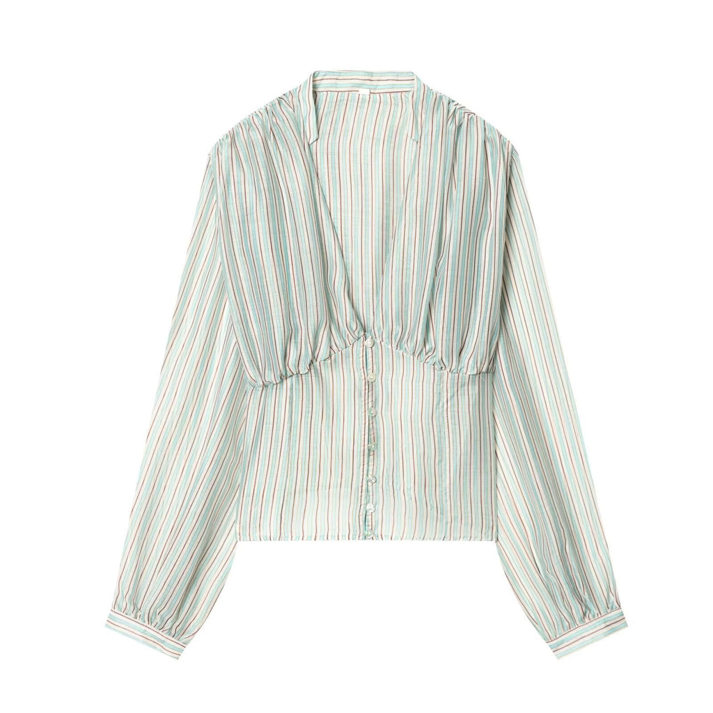 Women's Blouse with Deep V-Neck and Ruffle Details