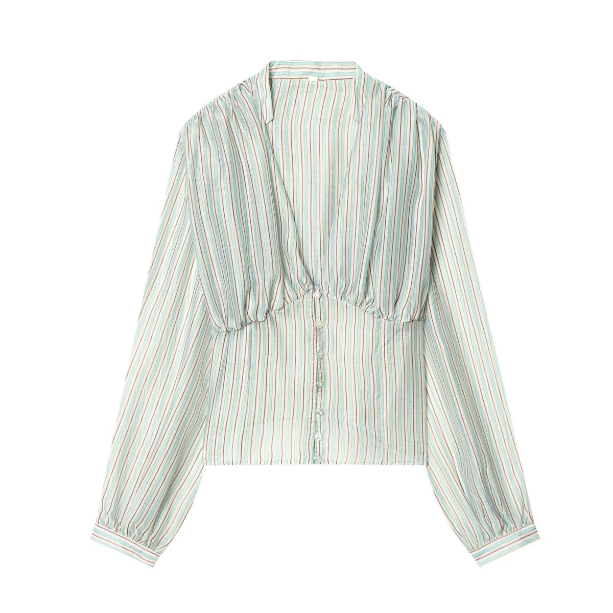 Women's Blouse with Deep V-Neck and Ruffle Details