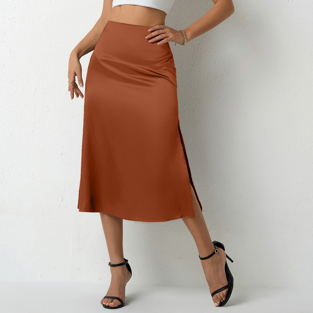 Women's Elegant Satin Midi Skirt with Flowing Cut and High Waist