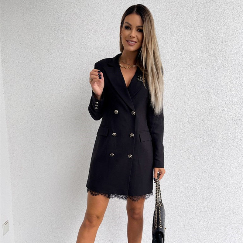 Elegant Double-Breasted Blazer with Lace Trim