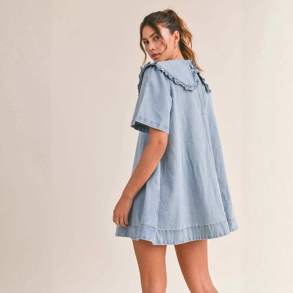 Women's Denim Dress with Ruffled Collar