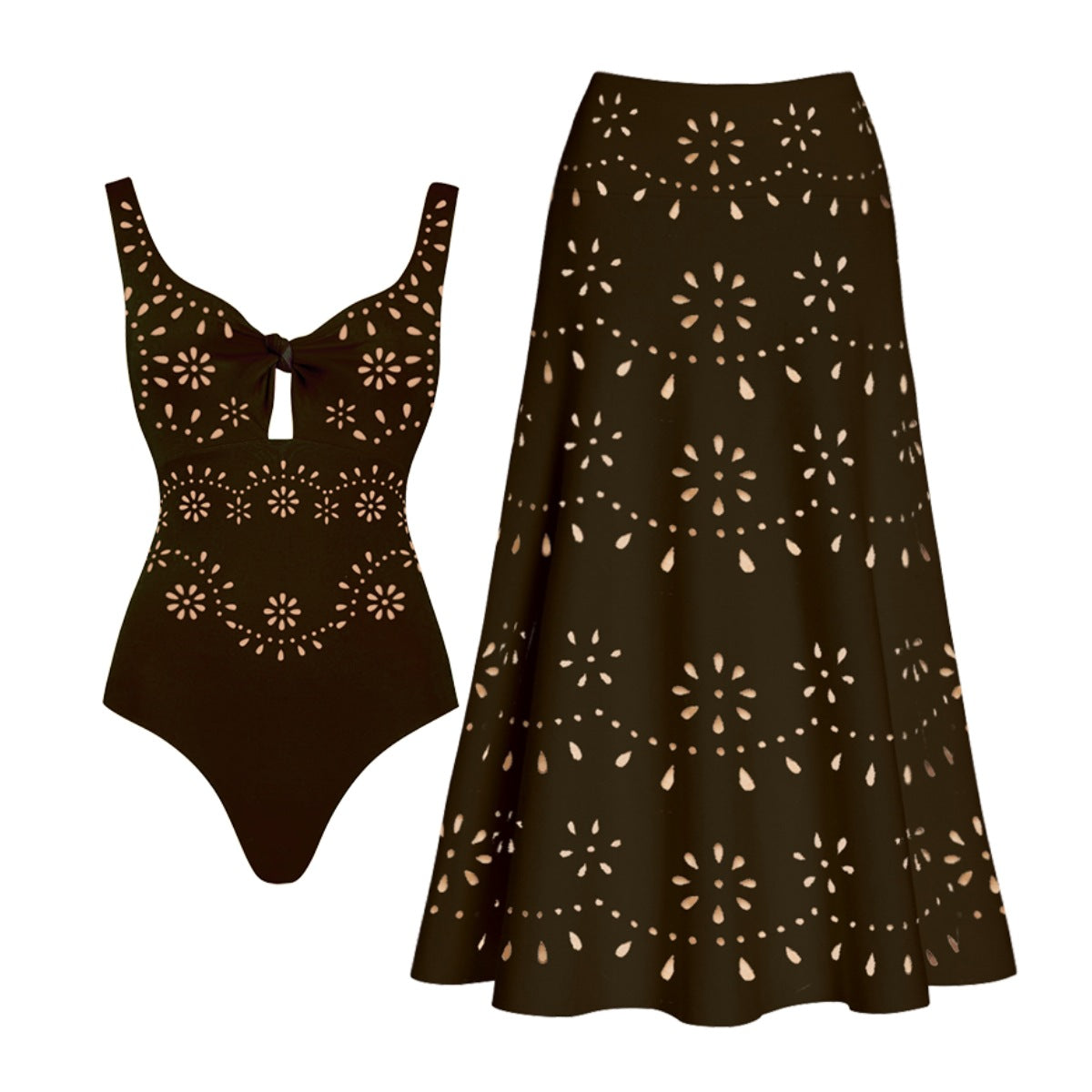 Women's Swimsuit and Skirt Set with Floral Cut-Out Design
