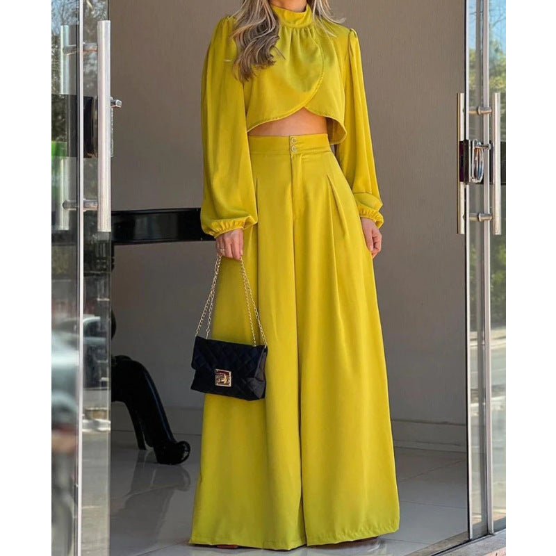 Women's Fashionable Two-Piece Set with Cropped Top and Wide-Leg Pants