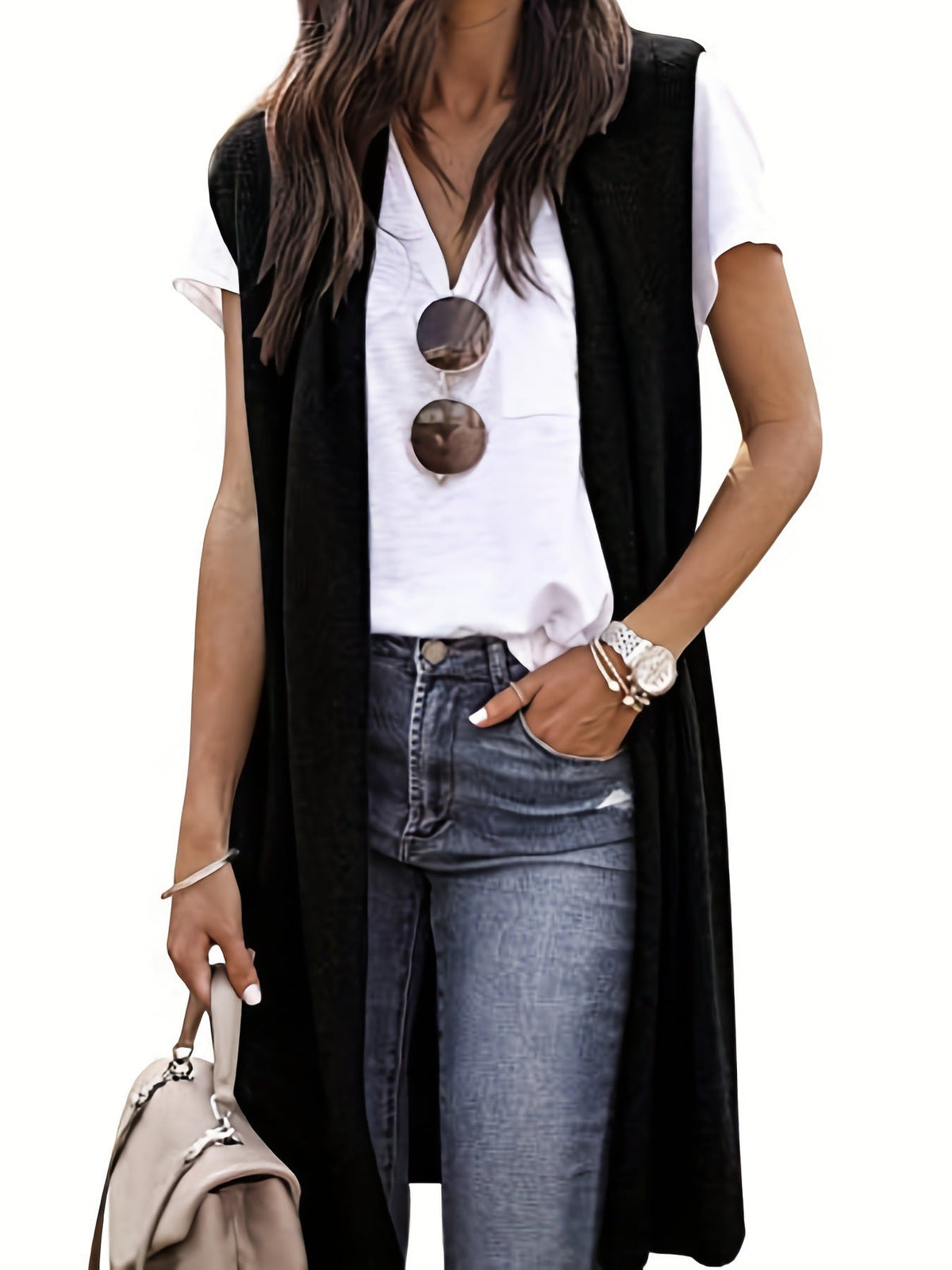Women's Longitudinal Knit Coat with Side Slits