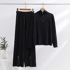 Casual Knit Ensemble with High Collar and Side Slits