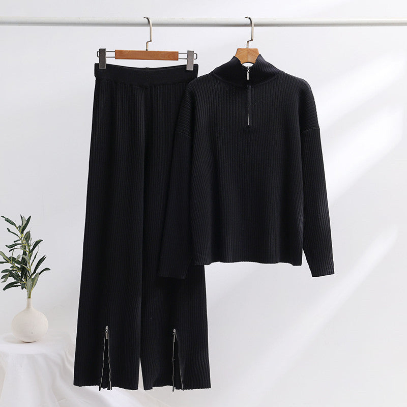 Casual Knit Ensemble with High Collar and Side Slits