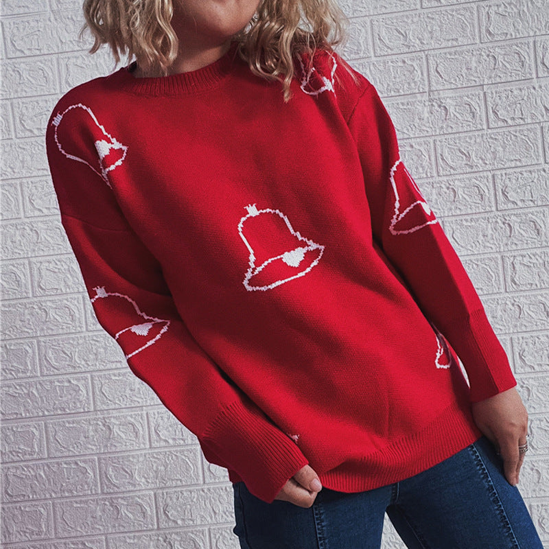Women's Festive Sweater with Cheerful Bell Motif and Casual Cut