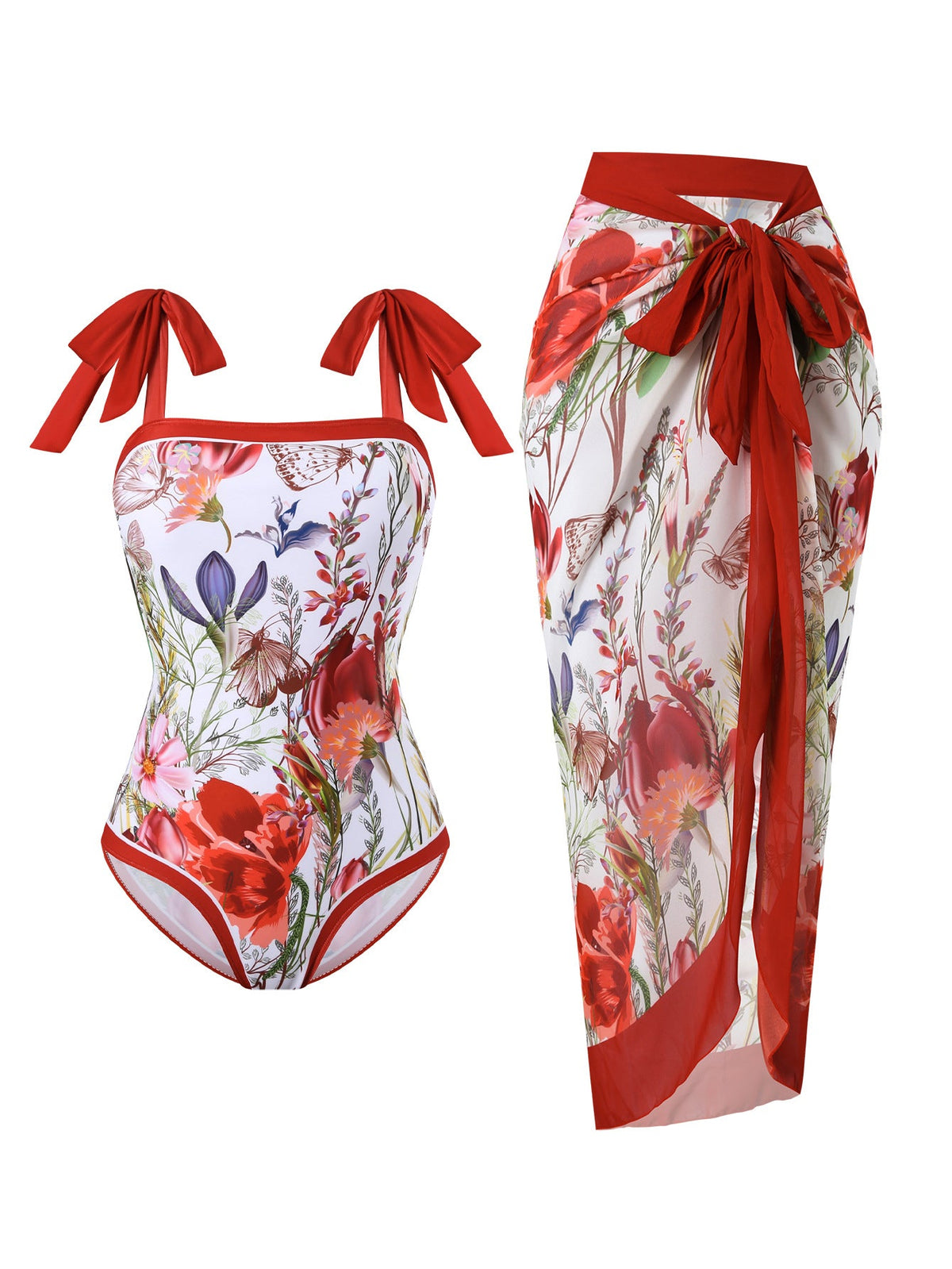 Women's Floral Swimsuit with Sheer Wrap Skirt