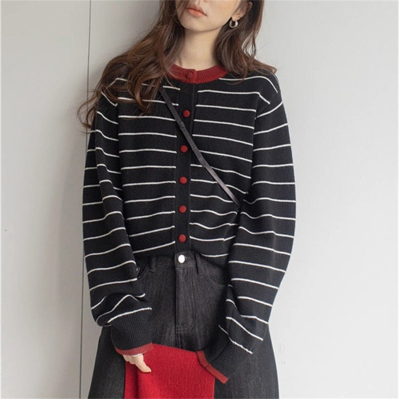 Women's Cozy Knit Cardigan with Youthful Striped Pattern and Practical Button Closure