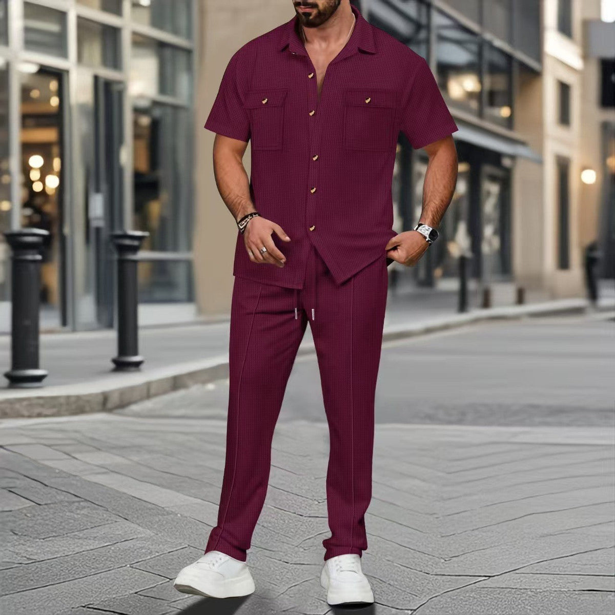 Men's Casual Tracksuit with Camp Shirt and Drawstring Pants