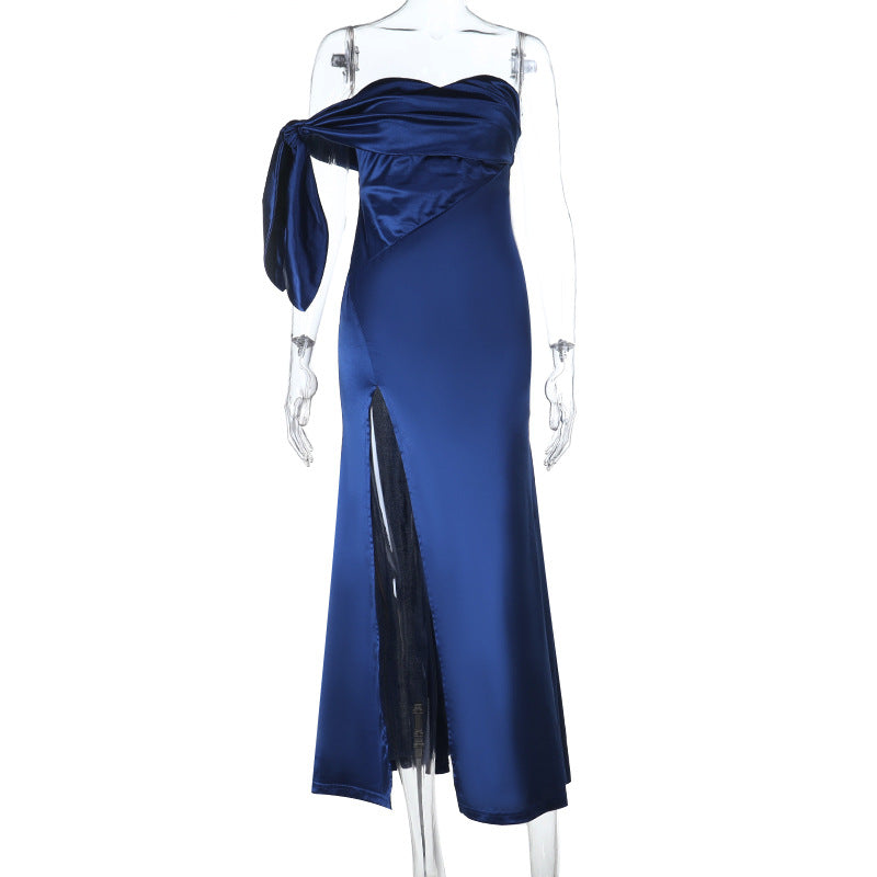 Women's Asymmetrical Evening Dress with Slit and Decorative Drape