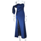 Women's Asymmetrical Evening Dress with Slit and Decorative Drape