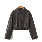 Women's Cropped Faux Leather Jacket with Pockets and Elastic Hem