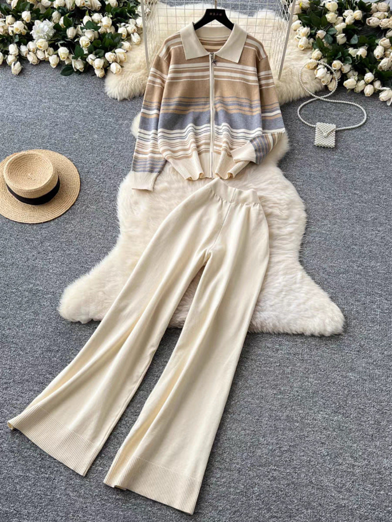 Women's Fashionable Loungewear Set with Zipper and Wide Leg