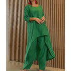 Women's Casual Linen Look Two-Piece with Asymmetrical Long Tunic and Wide Palazzo Pants