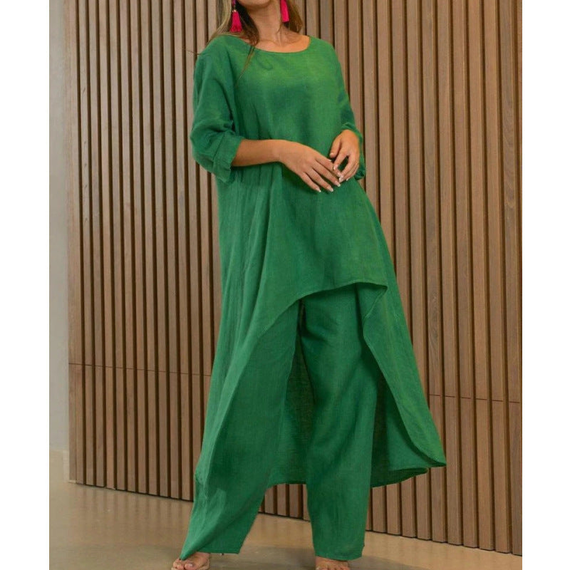 Women's Casual Linen Look Two-Piece with Asymmetrical Long Tunic and Wide Palazzo Pants