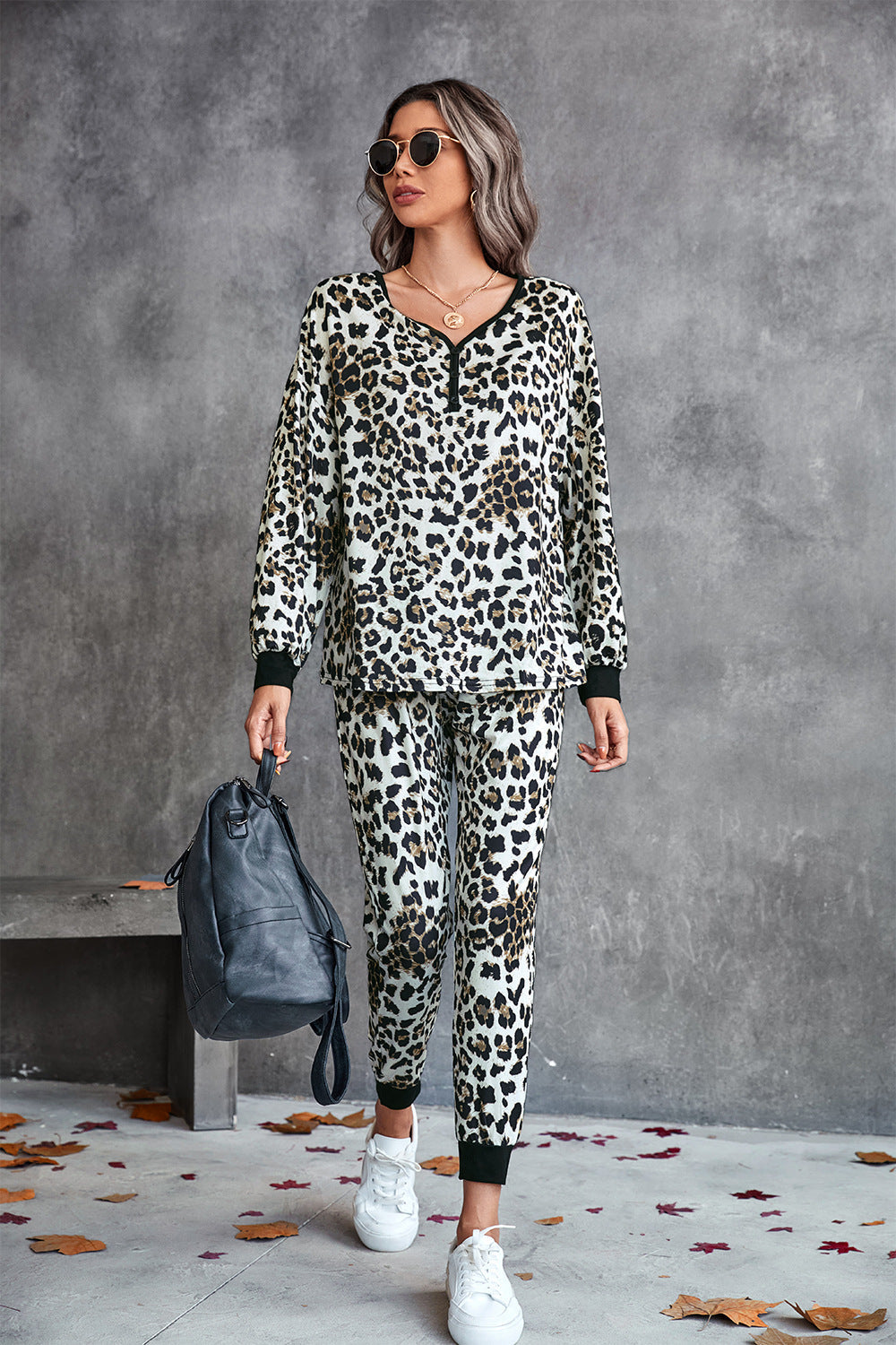 Women's Leopard Print Jogging Suit with Wide Waistband