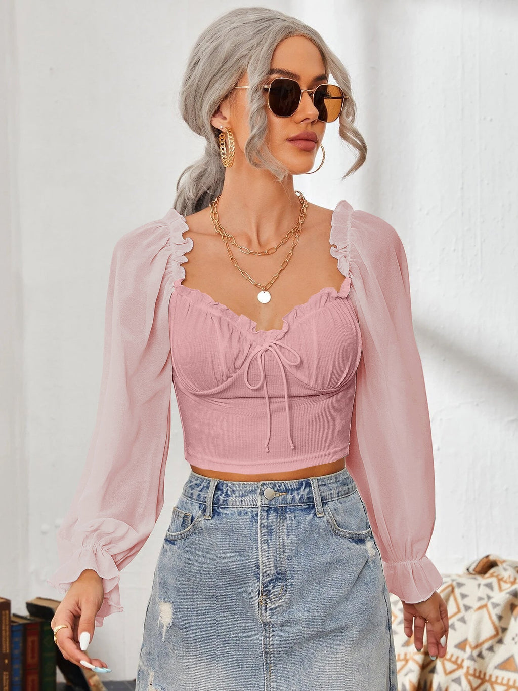 Women's Cropped Blouse with Ruffles and Puff Sleeves