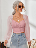 Women's Cropped Blouse with Ruffles and Puff Sleeves