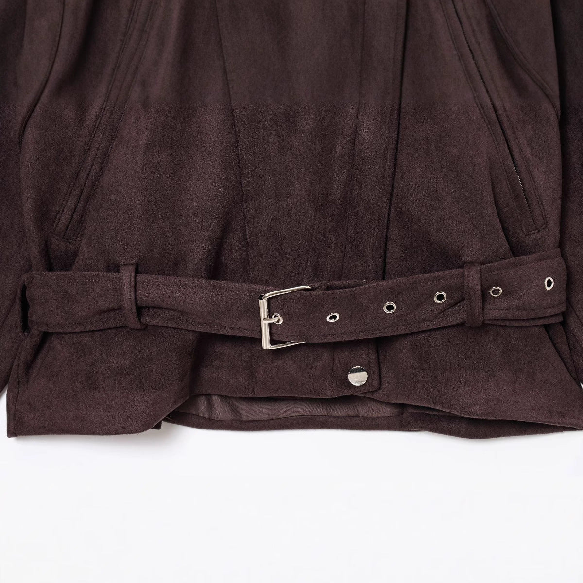 Elegant Suede Jacket with Zippers and Waist Belt