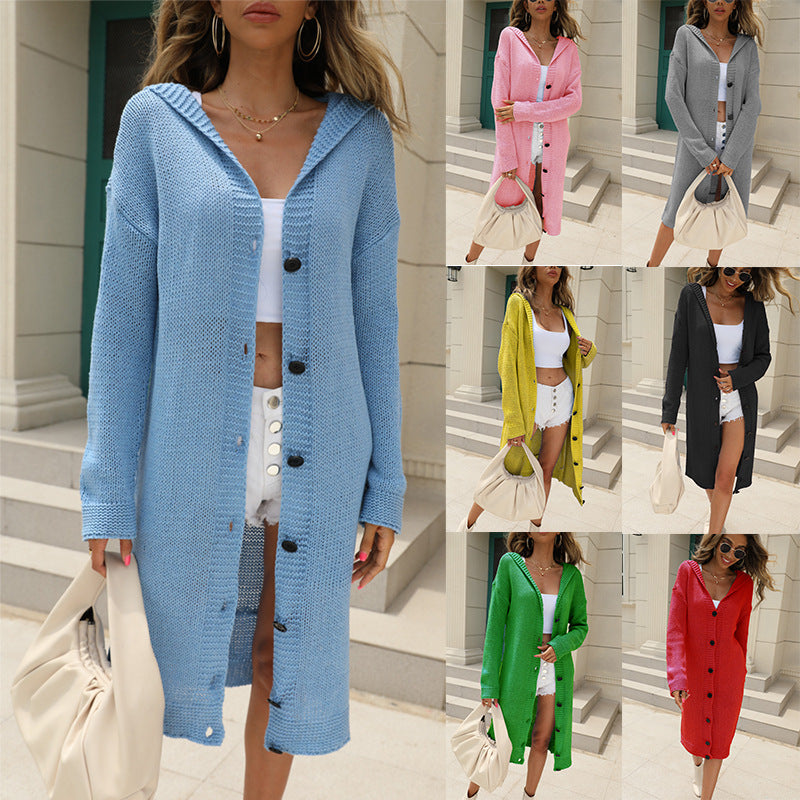 Women's Chunky Knit Cardigan with Hood and Elegant Button Details